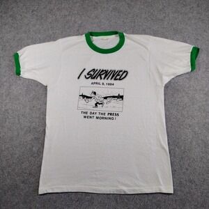 Vintage 80s I Survived The Day The Press Went Morning Ringer T-Shirt White M